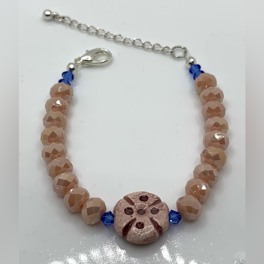 Handmade Womens Bracelet Pink Blue Beads Ceramic Center 7 Inch 2 Inch Extender